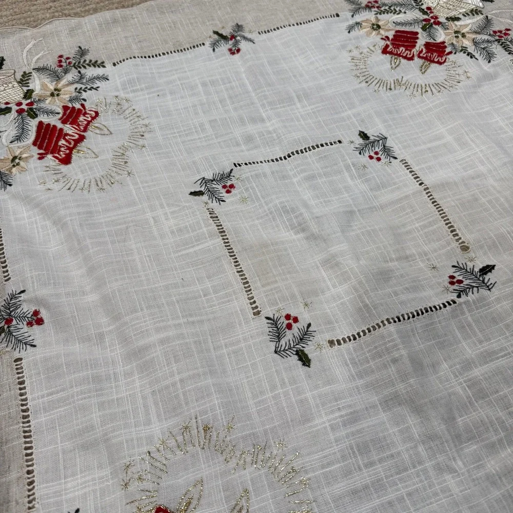 Vintage Embroidered Christmas Tablecloth Bells Poinsettia Holly Hemstitch 33x33
